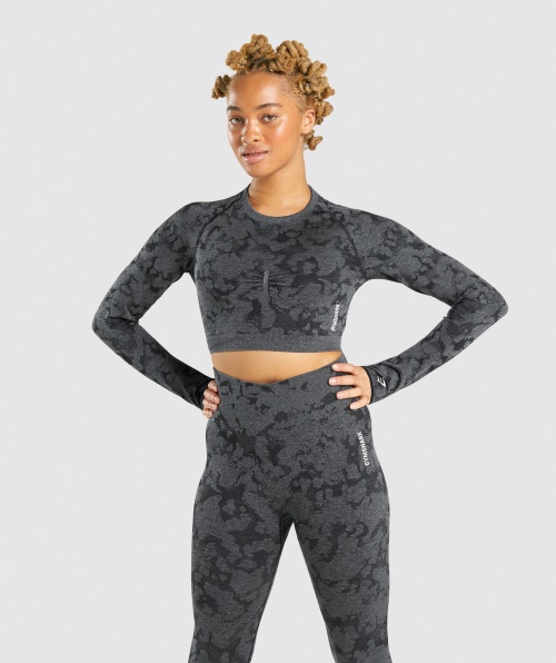 Gymshark Adapt Camo Sem Costura Cropped Manga Longa Preta