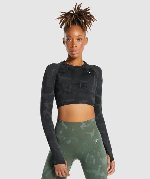 Gymshark Adapt Camo Sem Costura Cropped Manga Longa Savanna-preto