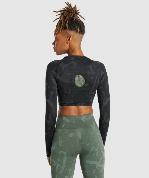 Gymshark Adapt Camo Sem Costura Cropped Manga Longa Savanna-preto