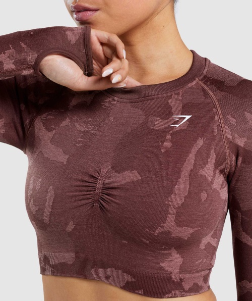 Gymshark Adapt Camuflagem Cropped Manga Longa Sem Costura Marrom Savana-cereja
