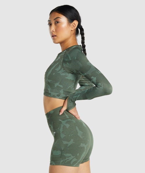 Gymshark Adapt Camuflagem Cropped Manga Longa Sem Costura Verde Savana
