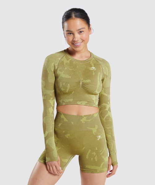 Gymshark Adapt Camuflagem Cropped Manga Longa Sem Costura Verde Savanna-griffin