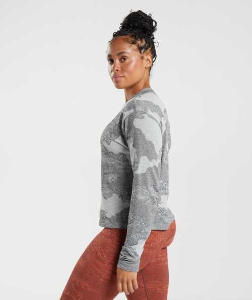 Gymshark Adapt Camuflagem Top Manga Longa Sem Costura Lava-claro Cinza-preto