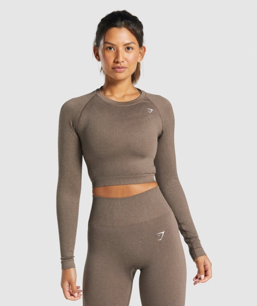 Gymshark Adapt Fleck Top Cropped Manga Longa Sem Costura Marrom Mineral