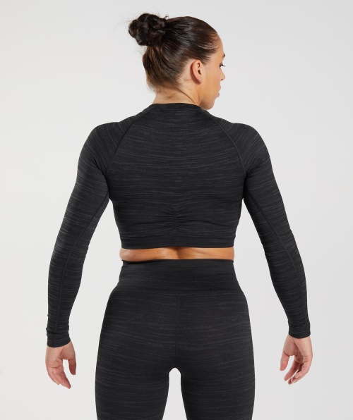 Gymshark Adapt Marl Top Cropped Manga Longa Sem Costura Cinza Vlt-preto-esfumaçado