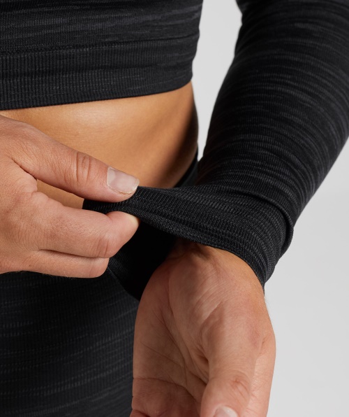 Gymshark Adapt Marl Top Cropped Manga Longa Sem Costura Cinza Vlt-preto-esfumaçado