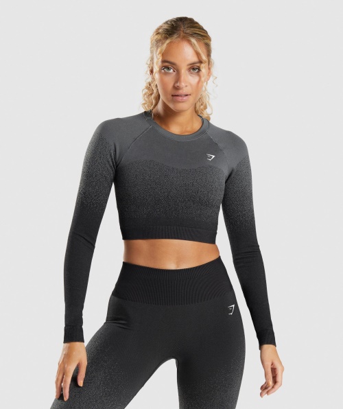 Gymshark Adapt Ombre Top Cropped Manga Longa Sem Costura Preto-cinza