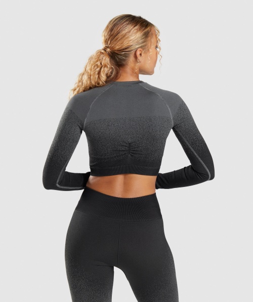 Gymshark Adapt Ombre Top Cropped Manga Longa Sem Costura Preto-cinza