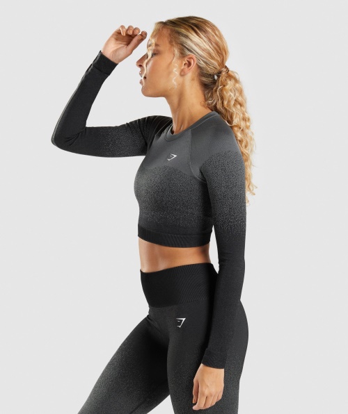 Gymshark Adapt Ombre Top Cropped Manga Longa Sem Costura Preto-cinza