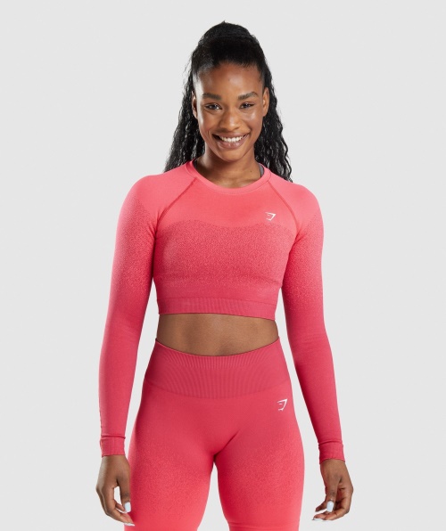 Gymshark Adapt Top Cropped Manga Longa Sem Costura Ombre Rosa-vermelho