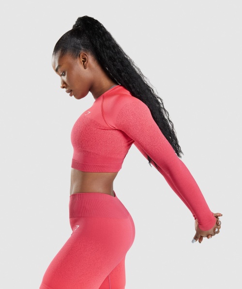 Gymshark Adapt Top Cropped Manga Longa Sem Costura Ombre Rosa-vermelho