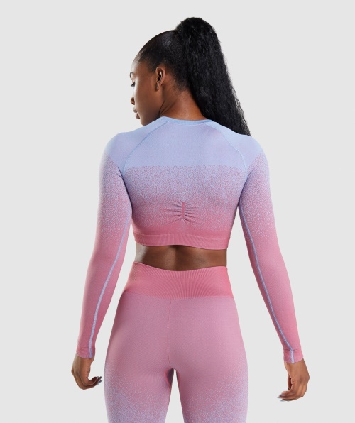 Gymshark Adapt Ombre Top Cropped Manga Longa Sem Costura Rosa Rosa Claro Azul