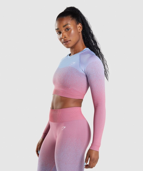 Gymshark Adapt Ombre Top Cropped Manga Longa Sem Costura Rosa Rosa Claro Azul