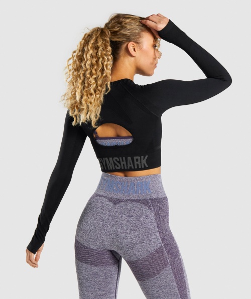 Gymshark Flex Sports Top Cropped Manga Longa Preto-carvão
