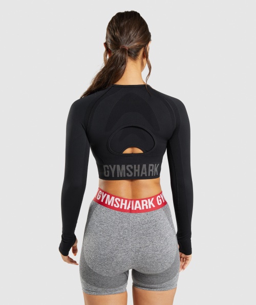 Gymshark Flex Sports Top Cropped Manga Longa Preto