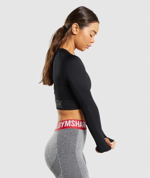 Gymshark Flex Sports Top Cropped Manga Longa Preto