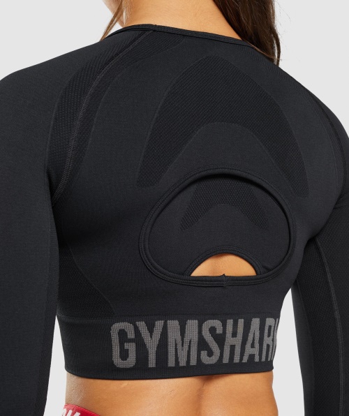 Gymshark Flex Sports Top Cropped Manga Longa Preto