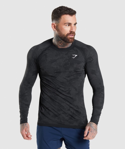 Camiseta De Manga Longa Gymshark Geo Sem Costura Preto-cinza Carvão