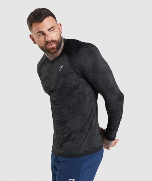 Camiseta De Manga Longa Gymshark Geo Sem Costura Preto-cinza Carvão