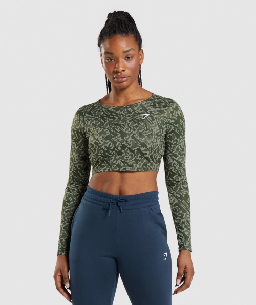 Gymshark Training Top Cropped Manga Longa Estampa Verde