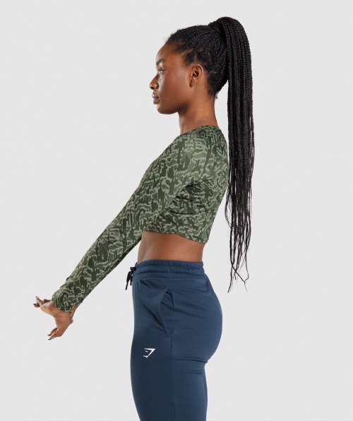 Gymshark Training Top Cropped Manga Longa Estampa Verde