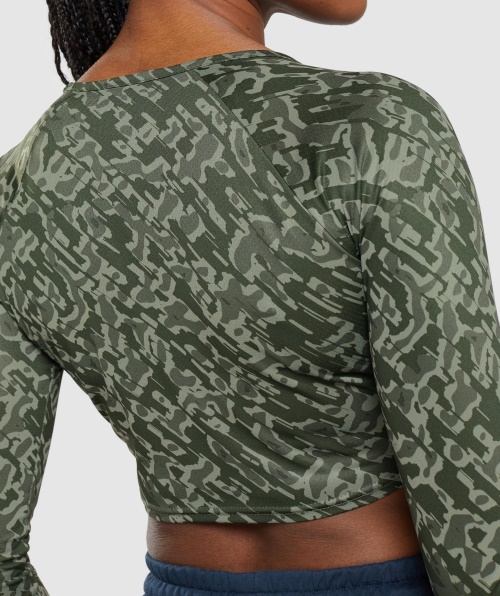 Gymshark Training Top Cropped Manga Longa Estampa Verde