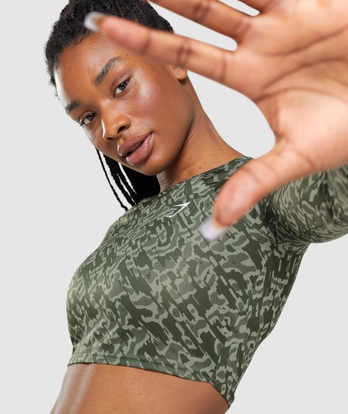 Gymshark Training Top Cropped Manga Longa Estampa Verde