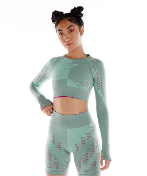 Gymshark Wtflex Cyborg Top Cropped Manga Longa Sem Costura Maya Azul-rosa-turbo Azul
