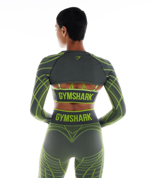 Gymshark Wtflex Linear Sem Costura Manga Longa Encolher Os Ombros Cinza-fluo Verde-cinza Claro
