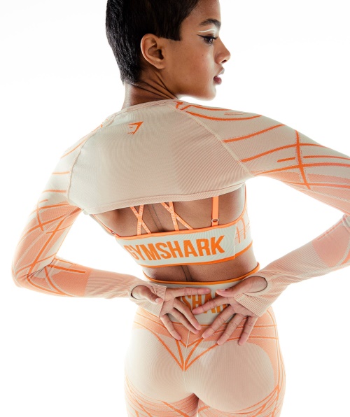 Gymshark Wtflex Linear Sem Costura Manga Longa Encolher Seixo Cinza-laranja-branco